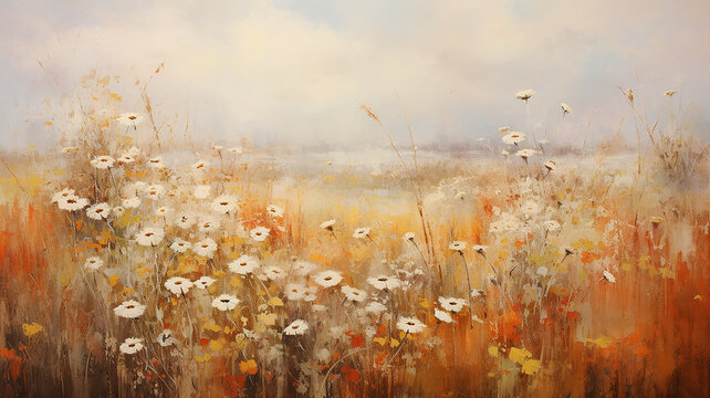 blurred background of daisies on the indian summer field oil painting impressionism.