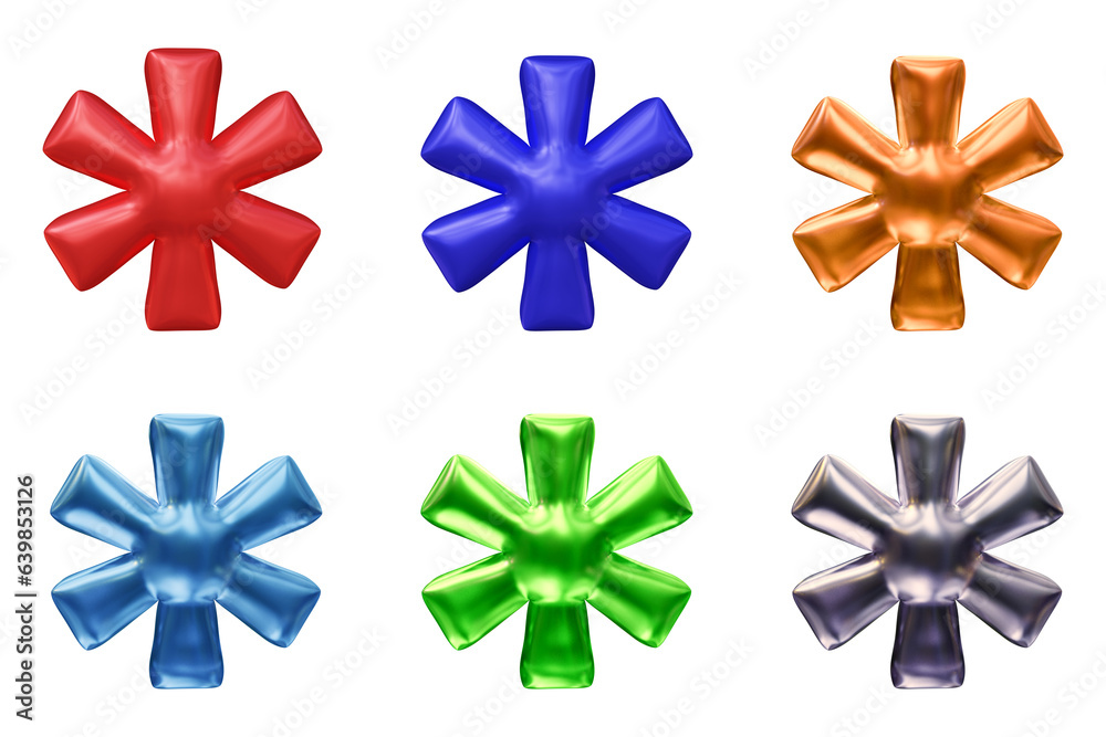 Poster set of asterisk mark symbol design. icon or sign shape isolated on transparent background in 3d rend