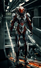 Fototapeta na wymiar Suspended Techno-Marvel: Cyborg's Serene Pose Amidst the Shifting Horizons of Tomorrow
