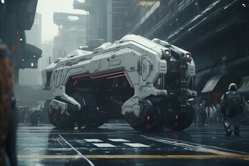 A futuristic truck sitting in an urban city
