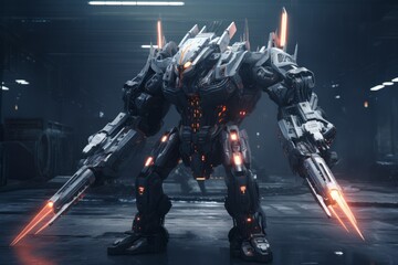 Naklejka premium A massive robot with two huge plasma cutters. Cityscape Clash