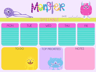 School timetable monsters characters cartoon, Day planner, Date. Monthly planner with flower poppy and anemones . Blank template. Vector illustration. Minimal style. Clean style. To school 