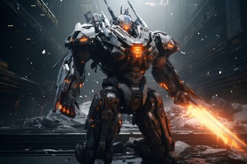 A massive robot with a fire sword. Cybernetic Duel