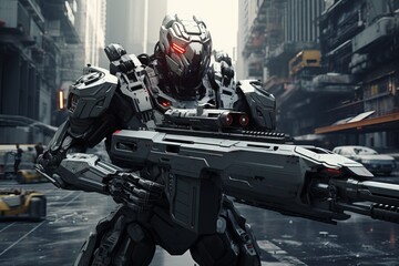 A massive robot with a futuristic firearm. Neon Avenger