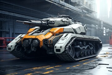 A futuristic tank sitting in an urban city