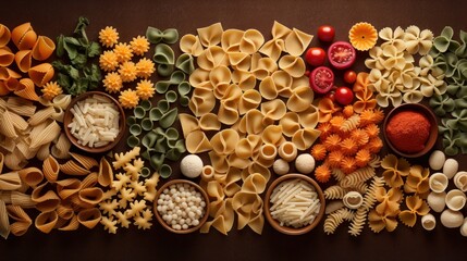 Obraz na płótnie Canvas Collage of raw pasta varieties forming an artistic culinary pattern | generative ai