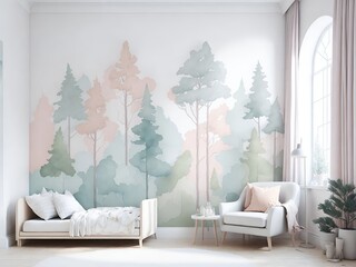 Kids room wallpaper with animals and pastel colors. Nursery wall mural, very minimalistic drawing, white wall,