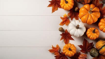 Flat lay festive autumn decor from pumpkins and leaves , view from above