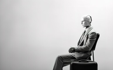 AI robot sitting down holding a briefcase waiting for a job interview