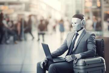 AI robot sitting down holding a briefcase waiting for a job interview