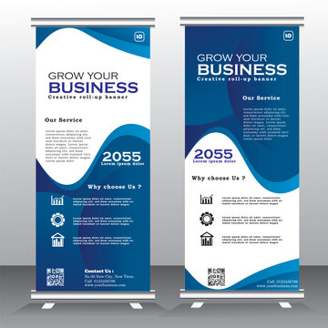 Roll up banner stand template design, Blue banner layout, advertisement, pull up, polygon background, vector illustration, business flyer, display, x-banner, flag-banner, infographics, presentation