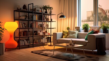 Living room interior with sofa and bookshelf.