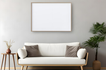 Blank horizontal poster frame mock up in Scandinavian style living room interior, modern living room interior background, beige sofa and pampas grass generated by AI.