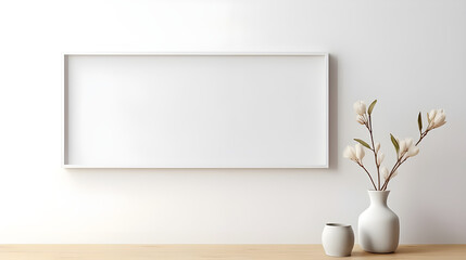 Blank picture frame mockup on a wall. Horizontal orientation. Artwork template in interior design generated by AI.
