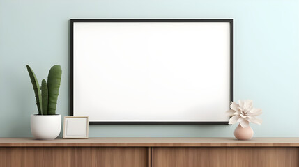 Blank picture frame mockup on a wall. Horizontal orientation. Artwork template in interior design generated by AI.