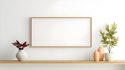 Blank picture frame mockup on a wall. Horizontal orientation. Artwork template in interior design generated by AI.
