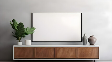 Blank picture frame mockup on a wall. Horizontal orientation. Artwork template in interior design generated by AI.