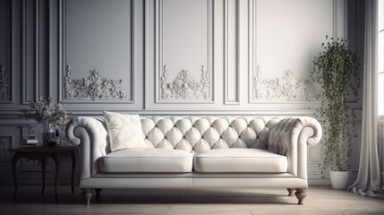 Enchanting white Velvet Sofa Against an Elegant white Wall: A Masterpiece of Luxurious Living Room Decor.