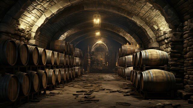 Ancient wine cellar with lots of old wooden barrels on each side created with Generative AI