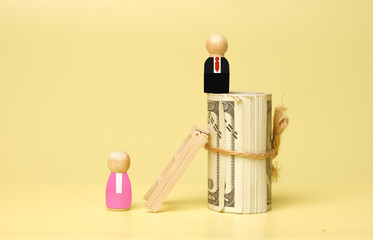 A picture of men peg dolls on fake money, ladder and women peg dolls below. Salary discrepency and...