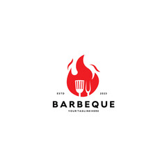 Vintage hipster Grill Barbeque with crossed fork spatula and fire flame icon badge design