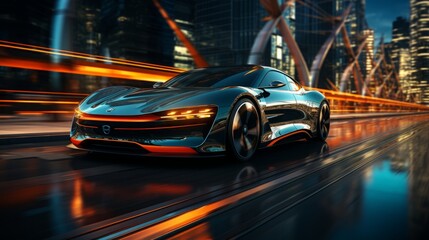 Luxurious Electric Car in Hyper-Realistic Sci-Fi Style. Transport Poster.