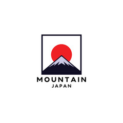 fuji ice mountain with japan rising sun logo illustration icon design in trendy badge style
