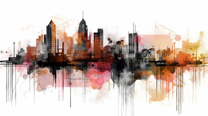 Fototapeta premium multicolored watercolor flat drawing of a city line in the style of ink spots on a white background.