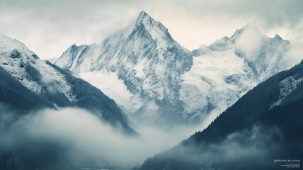 Fototapeta na wymiar panorama landscape of mountains snowy peaks of rocks in fog and clouds.