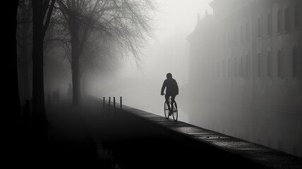 silhouette of a cyclist in the foggy landscape of an old European city.