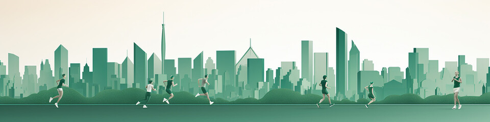 marathon in the green city panorama flat graphics poster.