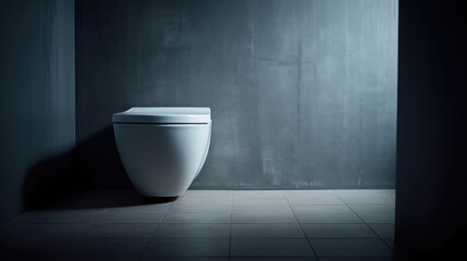 Fototapeta na wymiar eramic white toilet bowl near grey wall, side light in the modern bathroom.