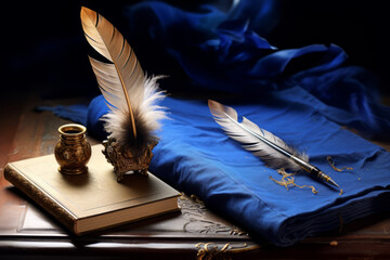 Handwritten letter, feather quill and an inkwell