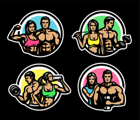 Man and woman, set of fitness logos on a black background. Vector illustration.