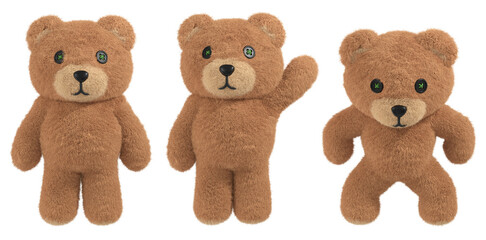 Standing Teddy Bear fluffy toy with button eyes. 3D rendered plush character set.