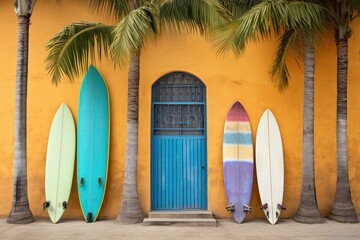 Colorful facade wall with surfboards
