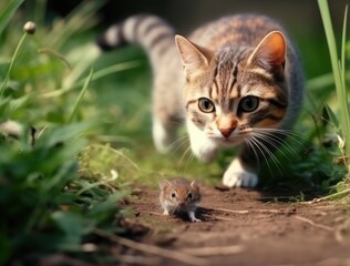 The cat hunts for mice in nature. The cat catches the mouse.