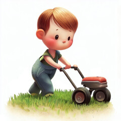 Watercolor illustration of a cute young boy mowing the grass for children's book, greeting cards	