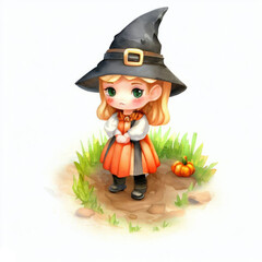 Watercolor illustration of a cute young girl wearing a Halloween costume for children's book, greeting cards	