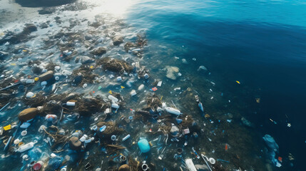 Fototapeta na wymiar Plastic pollution in the ocean, Plastic bags, straws, and bottles pollute the sea, Environmental Problem
