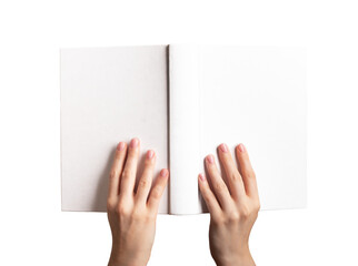 Hands holding open book mockup, blank hard cover mock-up isolated on white background