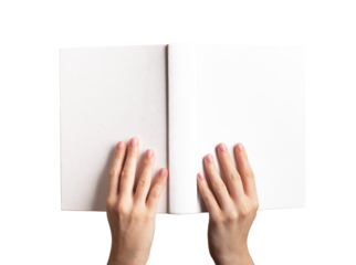 Hands holding open book mockup, blank hard cover mock-up isolated on white background