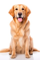 Beautiful Golden Retriever Dog Sitting on White Background. Cute Canine Indoors with Brown Fur, Perfect for Hunting Companion