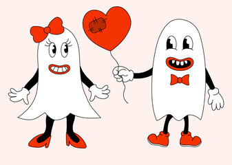 Retro 70s 60s 80s Hippie Groovy Halloween Ghosts girl and boy in love. Gift heart balloon. Vector flat.