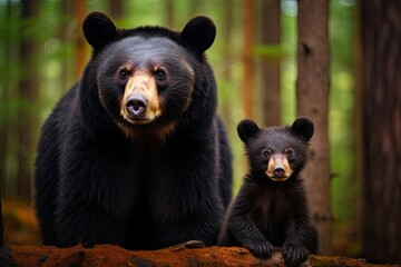 Protective Mother Black Bear and Cub Watching Over Wildlife in the Forest - A Stunning Image Capturing the Bond Between Mother and Baby Bear in the Wild.