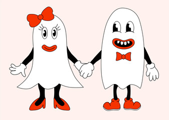 Retro 70s 60s 80s Hippie Groovy Halloween Ghosts girl and boy in love. Hold hands. Vector flat.