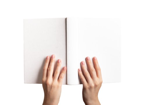 Hands holding open book mockup, blank hard cover mock-up isolated on white background