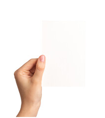 Hand holding greeting card mock up, blank empty postcard isolated on white background
