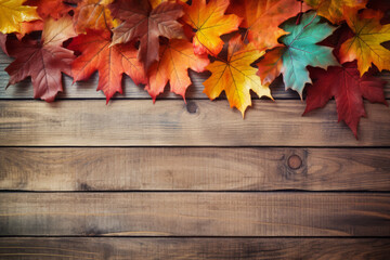 Naklejka na ściany i meble Autumn concept: Fall background with maple leaves on wood, with space for text