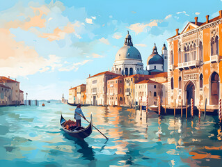 Fototapeta na wymiar Gondola sails past historic Venetian buildings under a pastel sky, tranquil and picturesque.